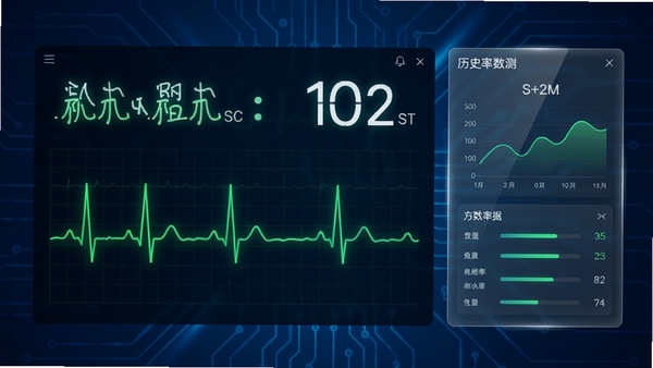 心跳助手电脑版实时心率监测界面,屏幕上显示动态心电图波形,心率数字以大字呈现,右侧为历史数据统计面板,背景为深蓝色科技感设计,波形线条为亮绿色,数据面板使用半透明玻璃效果