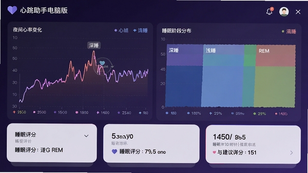 心跳助手电脑版睡眠分析界面,展示夜间心率变化曲线与睡眠阶段分布图,包含深睡、浅睡、REM阶段色块,页面背景为静谧的深紫色,曲线柔和,数据卡片显示睡眠评分与建议