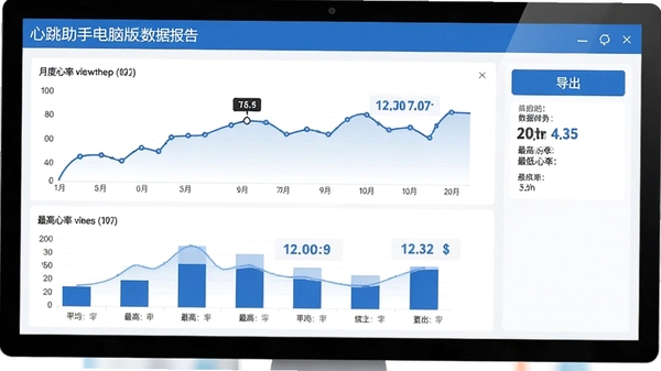 心跳助手电脑版数据报告界面,显示月度心率趋势折线图与柱状图,包含平均心率、最高心率、最低心率等统计指标,页面右侧为导出按钮,整体风格简洁商务,以白色和蓝色为主色调
