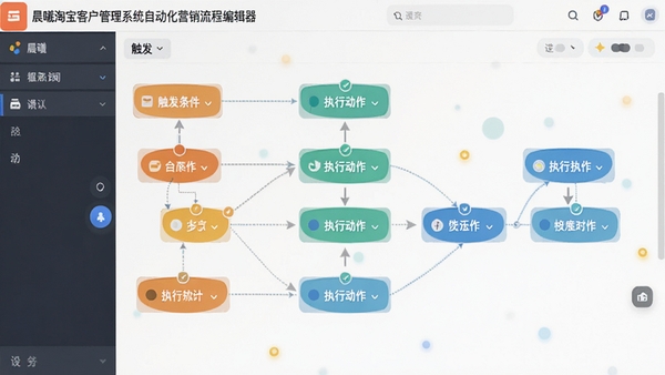 晨曦淘宝客户管理系统自动化营销流程编辑器,展示类似流程图式的触发条件与执行动作节点,色彩明快,逻辑清晰
