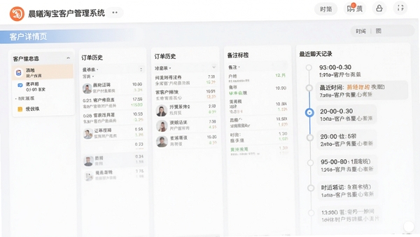 晨曦淘宝客户管理系统客户详情页视图,展示客户基本信息、订单历史、备注标签及最近聊天记录时间轴,界面简洁清晰
