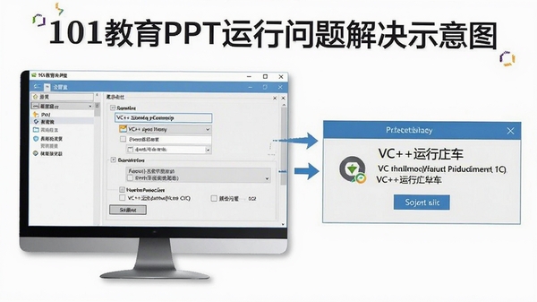 101教育PPT运行问题解决示意图,显示电脑设置界面和兼容性选项,以及VC++运行库安装提示