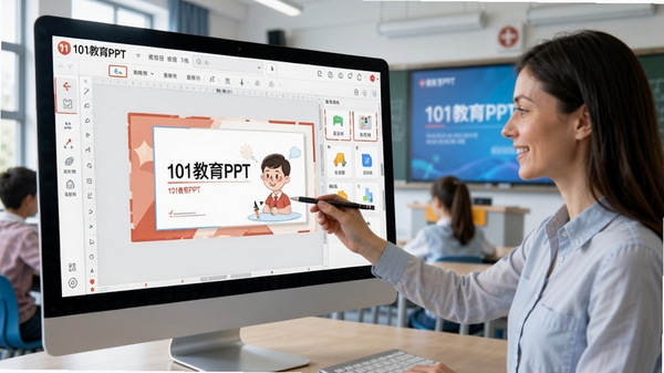 101教育PPT主界面展示,教师正在使用101教育PPT进行课件制作,界面清晰,功能丰富,背景为智慧教室