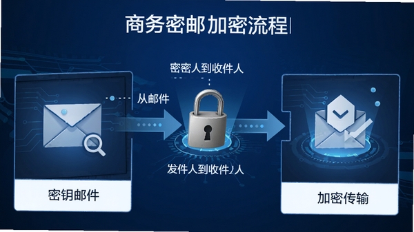商务密邮加密流程图,展示邮件从发件人到收件人的加密传输过程,包含密钥交换和加密锁图标,蓝色背景,科技感,高清
