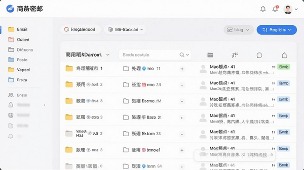 商务密邮多账号聚合管理界面,展示多个邮箱账号和邮件列表,包含文件夹分类图标,浅色背景,简洁现代,高清