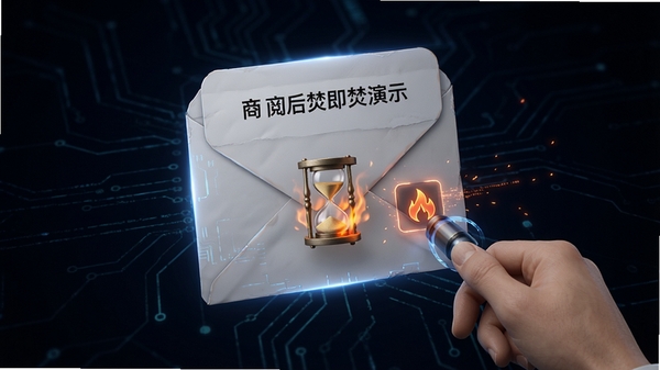 商务密邮阅后即焚功能演示,邮件打开后自动销毁动画,包含沙漏和火焰图标,深色背景,科技感,高清