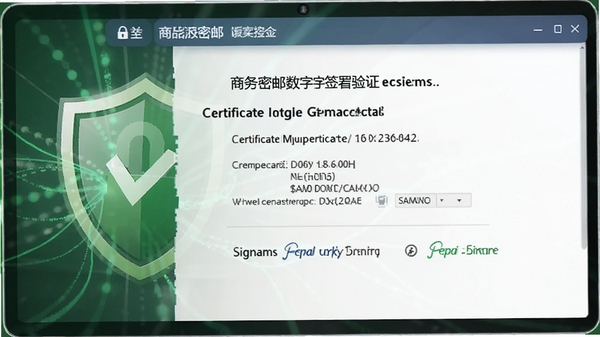商务密邮数字签名验证界面,显示证书信息和签名状态,背景为绿色安全盾牌,简洁商务风格,高清