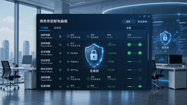 商务密邮电脑版界面截图,展示加密邮件列表和加密状态标识,背景为现代商务办公场景,蓝色科技感风格,高清晰度,突出安全加密主题