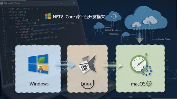 Microsoft .NET Core ��ƽ̨������ܸ���ͼ��չʾ����Windows��Linux��macOS�����У�����Ϊ������Ʒ���Ԫ��