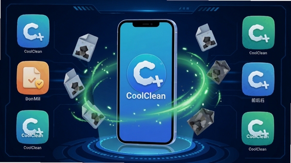 һ��չʾCoolClean����ǰ���ڴ�ռ�öԱȵ�3DЧ��ͼ������Ϊ����ɫ�Ƽ��н��棬�������ֻ�ģ�ͣ���Χ�����������ļ���Ƭ����ɫ����������Ч��ͼ���ϴ���CoolCleanƷ�Ʊ�ʶ���������ִ�����ࡢ������