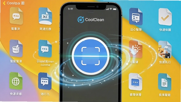 һ��CoolCleanһ��ɨ��Ľ����ͼ���ֻ���Ļ������Ŀ��Բ��ɨ�谴ť����Χɢ���Ÿ����ļ�ͼ�꣬ɨ��������ж�̬�Ĺ��߹켣��ɫ��������ͻ�����������ܵ��ص㡣
