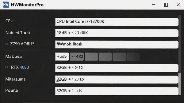 һ��HWMonitorProϵͳ��Ϣ���������ͼ���г�CPU Intel Core i7-13700K������ Z790 AORUS���Կ� RTX 4080���ڴ� 32GB���������࣬��Ϣ��������