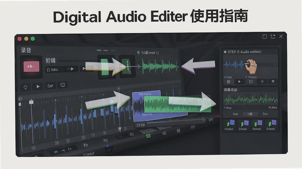 Digital Audio Editorʹ��ָ�ϲ�ͼ��չʾ�����������裬����¼����������Ч�����ӣ���������������ָʾ��ͷ������Ϊǳɫ����������ˣ��ʺϽ̳���ͼ