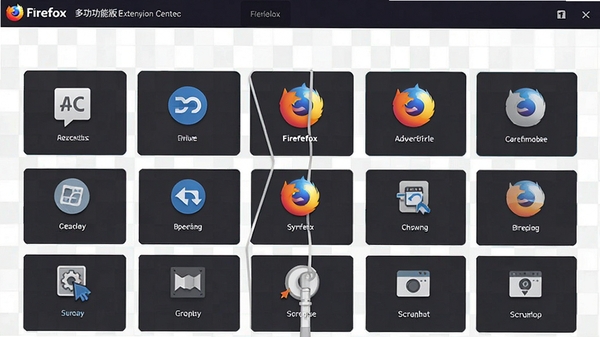 Firefox �๦�ܰ���չ����ҳ�棬չʾ���ַ������չ����ͼ�꣬�������ء����롢��ͼ�ȣ������������򣬱���Ϊ�������µ�����ͼ��
