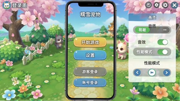 一张手机竖屏游戏截图,展示《糯雪宠物》的登录界面,界面中央有“开始游戏”和“设置”按钮,下方有“游客登录”和“账号登录”选项,画面背景是游戏中的春日花园场景,设置菜单中显示有画质选项、音效开关和“性能模式”选择,清晰展示了游戏的适配设置功能。