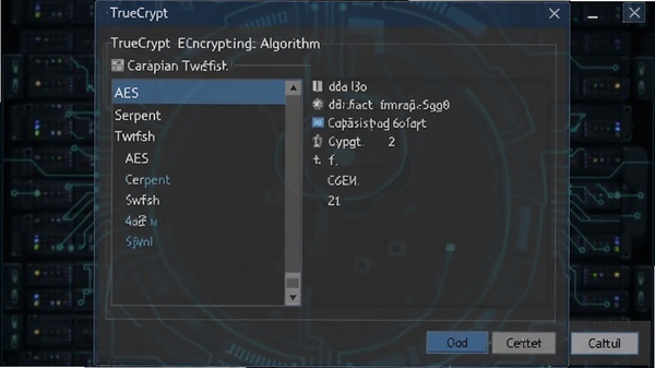 չʾTrueCrypt�����㷨ѡ�����Ľ�ͼ���г�AES��Serpent��Twofish���㷨ѡ�����ʾ����������ϣ�����Ϊ��ɫ�Ƽ����