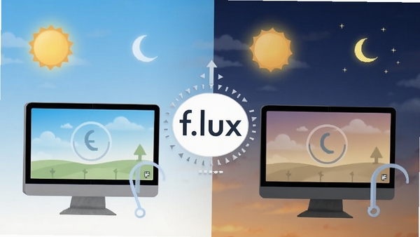 һ��չʾf.lux������ҹ����Ļɫ�¶Աȵ�ʾ��ͼ�����Ϊ��ɫ�������ұ�Ϊůɫ��ͣ��м���f.lux��logo������Ϊ������գ�ͻ�����ܵ��ڹ��ܡ�