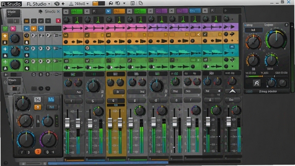 FL Studio ����̨���棬��ʾ�������ͨ����Ч����������������ӣ�ɫ����������η���