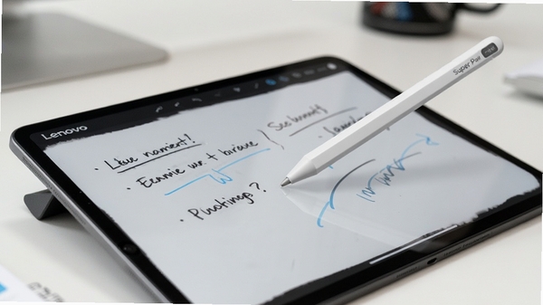 һ��Lenovo Super Pencil������ƽ���������д�ʼǵ�ʵ�ĳ���ͼ������Ϊ���İ칫��������������ͻ���ʼ�����Ļ�ĽӴ�ϸ�ڣ�ɫ��������ͣ���Ʒlogo�����ɼ�