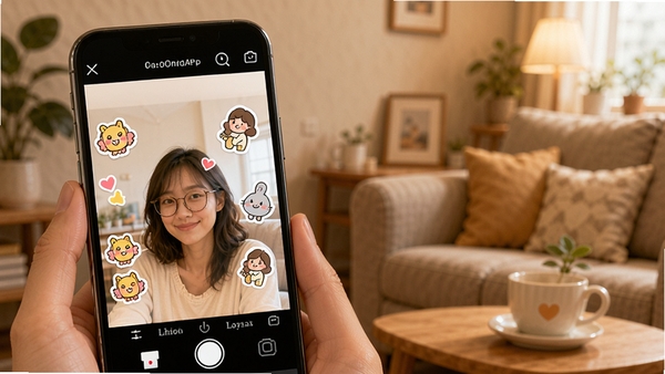 OOȦȦAPP��ͼ�ķ�������ʾ��ͼ��һ���ֻ����ڱ༭һ�Ŵ���Ȥζ��ֽ���˾�����Ƭ���������б༭����������������ܰ���������ǿ�������õķ�������