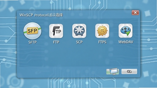 WinSCPЭ��ѡ��Ի���չʾSFTP��FTP��SCP��FTPS��WebDAV��Э��ͼ�꣬ÿ��ͼ���·��ж�ӦЭ�����ƣ������Ѻ���ѡ������������Ϊ����ɫ�Ƽ��з��