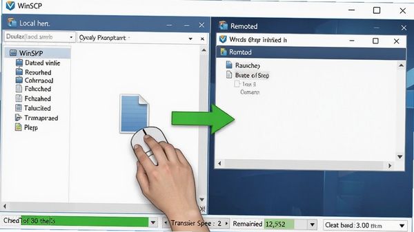 WinSCP˫�������ϣ��û����������קһ���ļ�����౾�ش��ڵ��Ҳ�Զ�̴��ڣ��м������ɫ��ͷ��ʾ���䷽����Ļ�ײ���ʾ�����ٶ���ʣ��ʱ�䣬��������չ�ֱ�ݲ�����