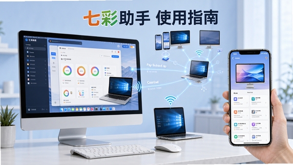 七彩助手使用指南配图,展示电脑端与移动端联动界面,背景为多设备互联场景,突出跨平台便捷性