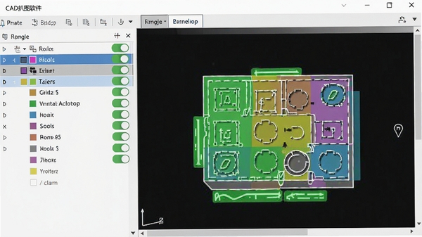 CAD��ͼ����ͼ��������棬���ͼ���б�����ɫ��ʶ�Ϳ��ذ�ť���Ҳ�ͼֽ�ж�ӦԪ�ظ�����ʾ�����沼�ֺ�����ɫ����������