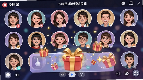 欢聊堡语音派对房间界面,展示多人语音头像排列,氛围欢乐,有礼物特效飘屏