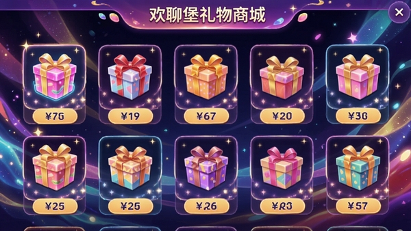 欢聊堡礼物商城界面,展示各种虚拟礼物图标,带有价格标签,背景流光溢彩