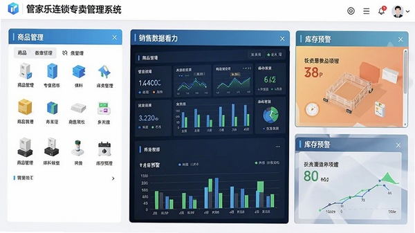 管家乐连锁专卖管理系统主界面截图,展示商品管理、销售数据看板、库存预警等核心功能模块,界面清晰专业,色彩现代,科技感强