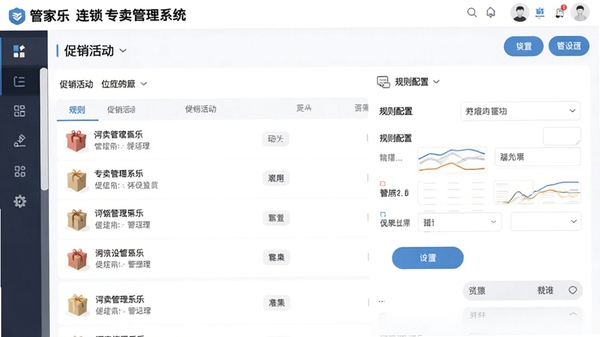 管家乐连锁专卖管理系统促销设置界面,显示促销活动列表、规则配置项,界面友好,操作便捷