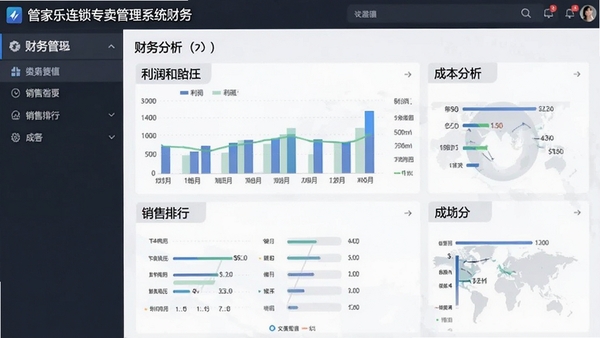 管家乐连锁专卖管理系统财务分析界面,显示利润图表、销售排行、成本分析,数据可视化,商务风格