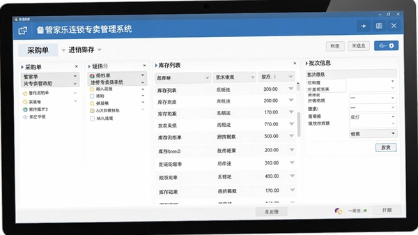 管家乐连锁专卖管理系统进销存界面,显示采购单、库存列表、批次信息,界面简洁,数据清晰,商业软件风格