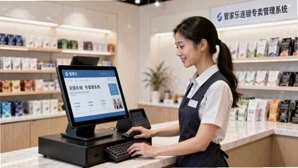 管家乐连锁专卖管理系统使用场景图,店员正在使用电脑收银,背景为整洁的专卖店,氛围专业友好