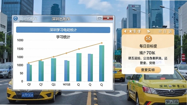 深圳出租车从业资格考试电脑版运行截图,显示学习统计图表和每日目标提醒,背景为城市出租车元素