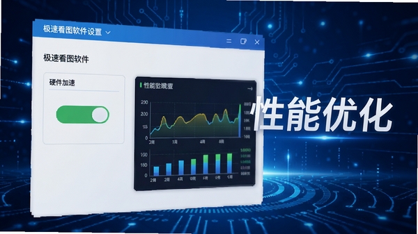 极速看图软件设置界面,显示“硬件加速”开关开启状态,旁边有性能监控图表,背景为蓝色科技感,配文“性能优化”