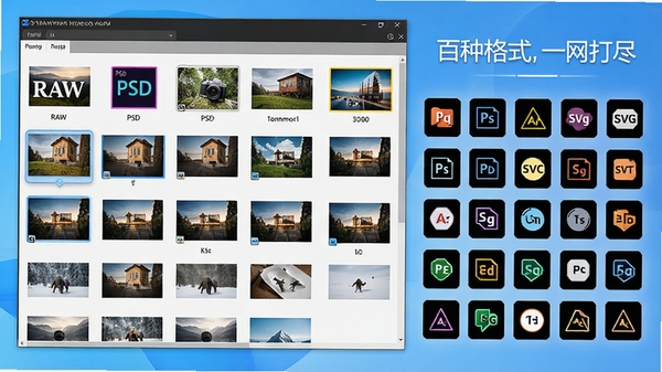 极速看图软件界面显示多种图片格式缩略图,包括RAW、PSD、SVG等,旁边有格式图标墙,配文“百种格式,一网打尽”,风格明亮清晰