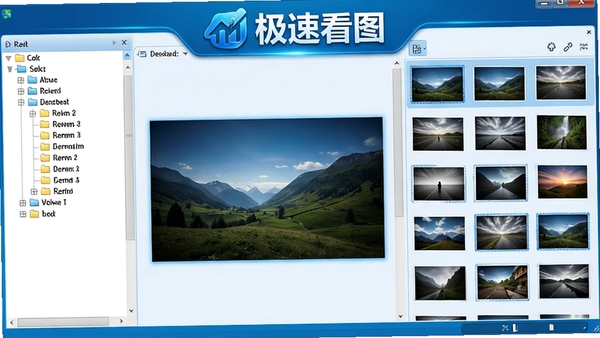 极速看图软件主界面展示,左侧文件夹树,右侧图片缩略图网格,中间大图预览区,整体风格简洁明亮,蓝色调科技感,标题“极速看图”Logo醒目