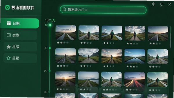 极速看图软件的智能管理界面,左侧分类标签(日期、类型、星级),右侧图片墙按时间线排列,顶部搜索栏高亮,整体风格清爽,绿色调突出“智能”概念