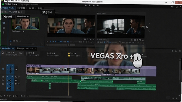 VEGAS Pro 14智能剪辑功能演示,时间线上自动交叉淡化效果,鼠标悬停预览素材,界面显示快捷键提示,体现高效工作流