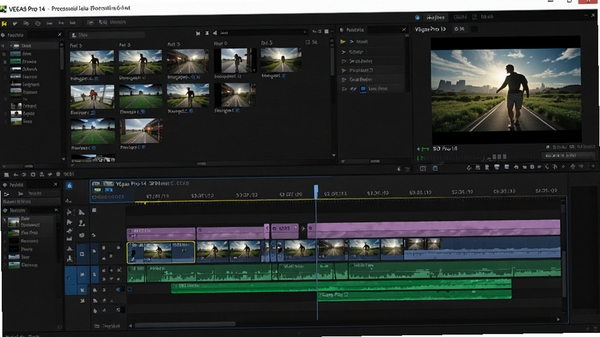 VEGAS Pro 14专业视频剪辑软件界面展示,多轨道时间线,素材库,预览窗口,色彩鲜艳,界面布局清晰,体现专业与高效