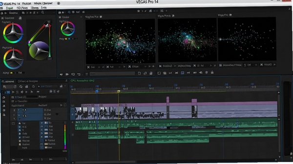 VEGAS Pro 14特效合成界面,多层轨道叠加,色彩校正工具,粒子特效预览,GPU加速渲染,体现专业级后期能力