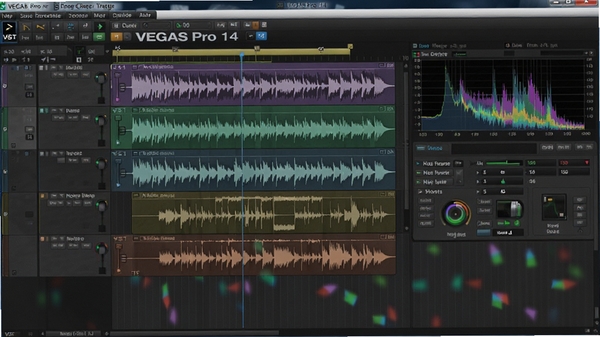 VEGAS Pro 14音频编辑界面,多轨音频波形,VST插件效果器,噪音修复工具,频谱分析图,体现专业音频处理能力