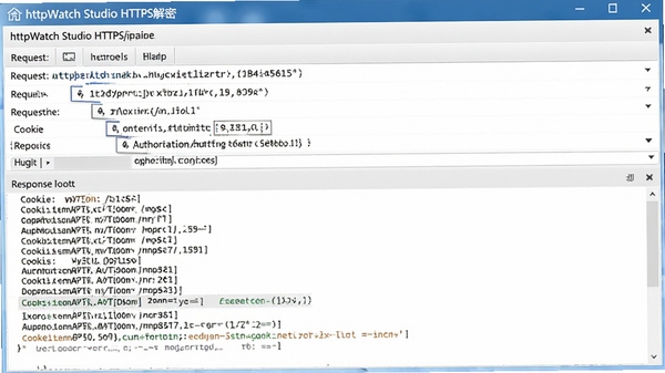 HttpWatch Studio HTTPS解密界面,显示请求URL、请求头、响应体明文内容,包含Cookie和Authorization信息,界面布局清晰,突出安全审计功能