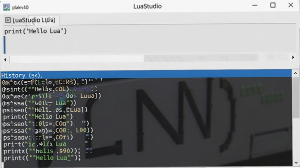 LuaStudio����ʽ����̨������print('Hello Lua')�����������·���ʾ��ʷ�����б������ڿɵ�����С������Լ