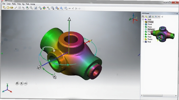 ABViewer������չʾһ��3D��е���ģ�ͣ�������ɫ��Ⱦģʽ���û�ͨ������϶���תģ�ͣ�������ʾ��ת���ģ����������Ϊ�����ɫ�������ǿ
