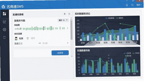 名商通SMS软件主界面截图,展示简洁的发送面板和实时数据统计图表