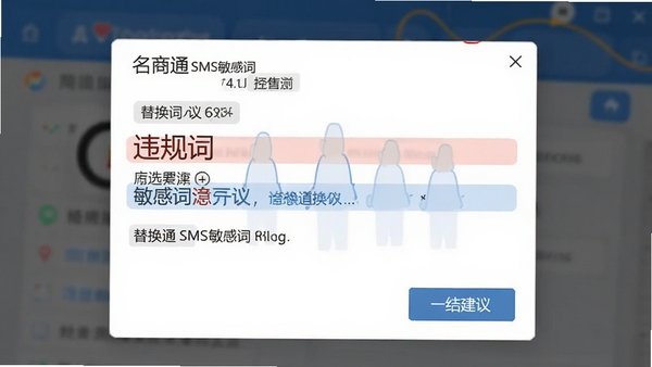 名商通SMS敏感词检测提示窗口,高亮显示违规词并给出替换建议