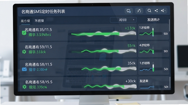 名商通SMS定时任务列表,显示多个任务状态并配有进度条和发送统计